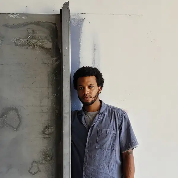 Man in a blue short-sleeved shirt leaning against a cement wall