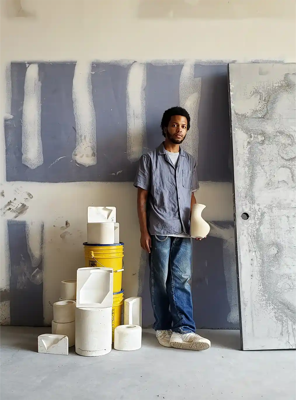 Man lying on a half-painted wall next to cement sculptures while holding one of them