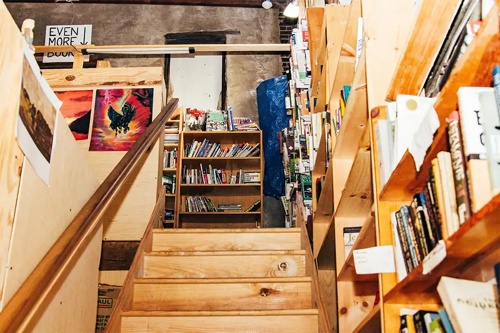 wooden stairs inside a bookstore