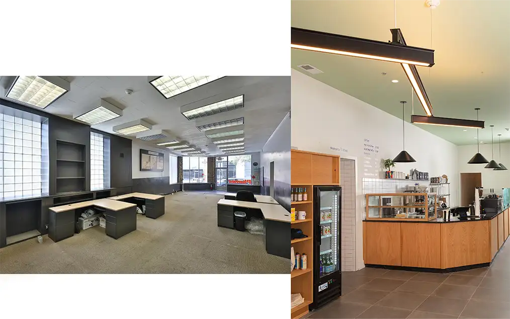 Photograph showing before and after of a coffee shop