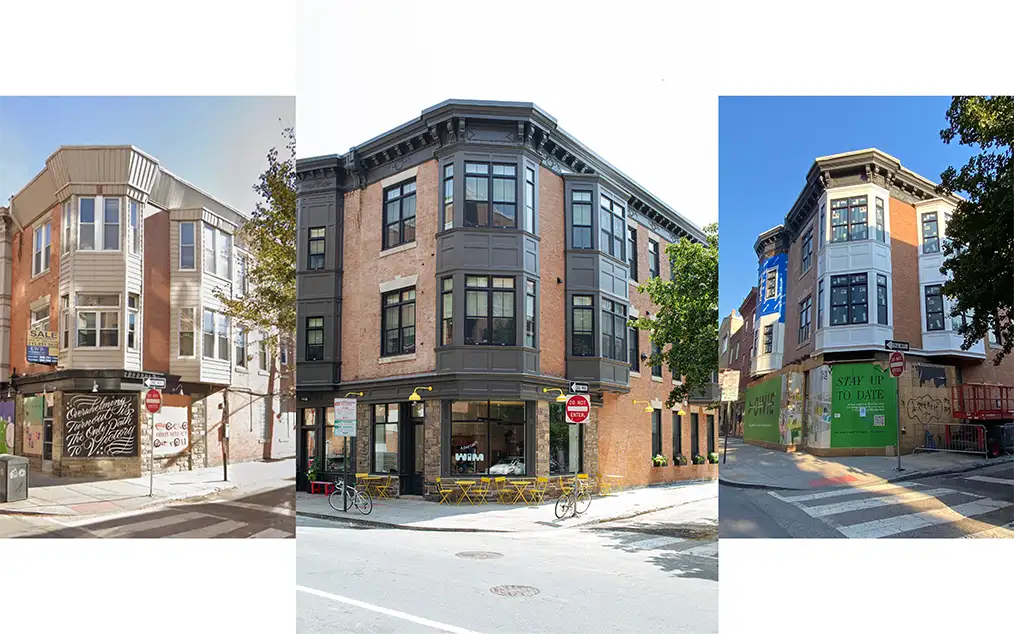 Three photographs showing the transformation of a building