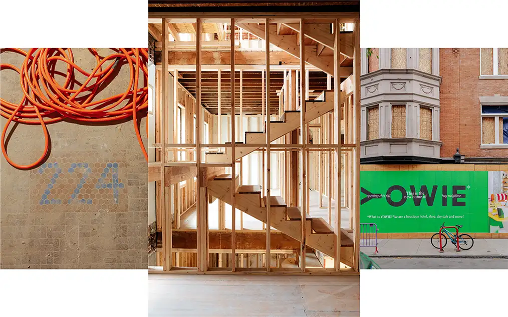 Collage of three photographs, one of an orange cable, another of some wooden stairs, and the last of the Yowie advertisement on a building.