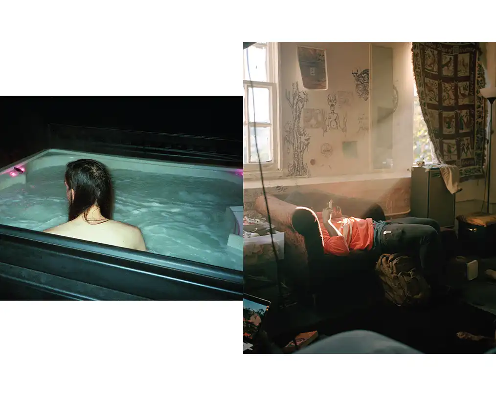 collage of a woman with her back to the pool and a messy living room