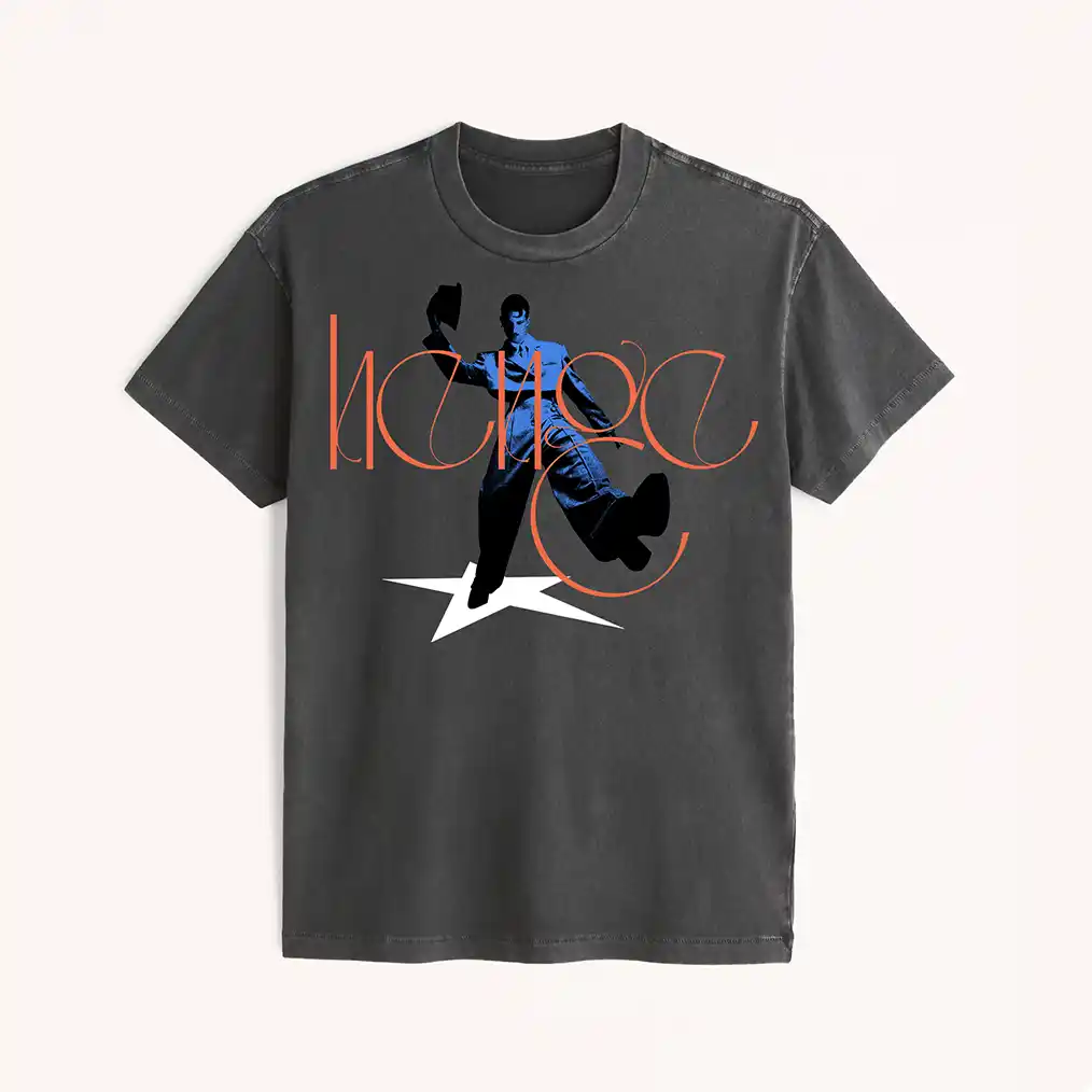 gray t-shirt with white background and print