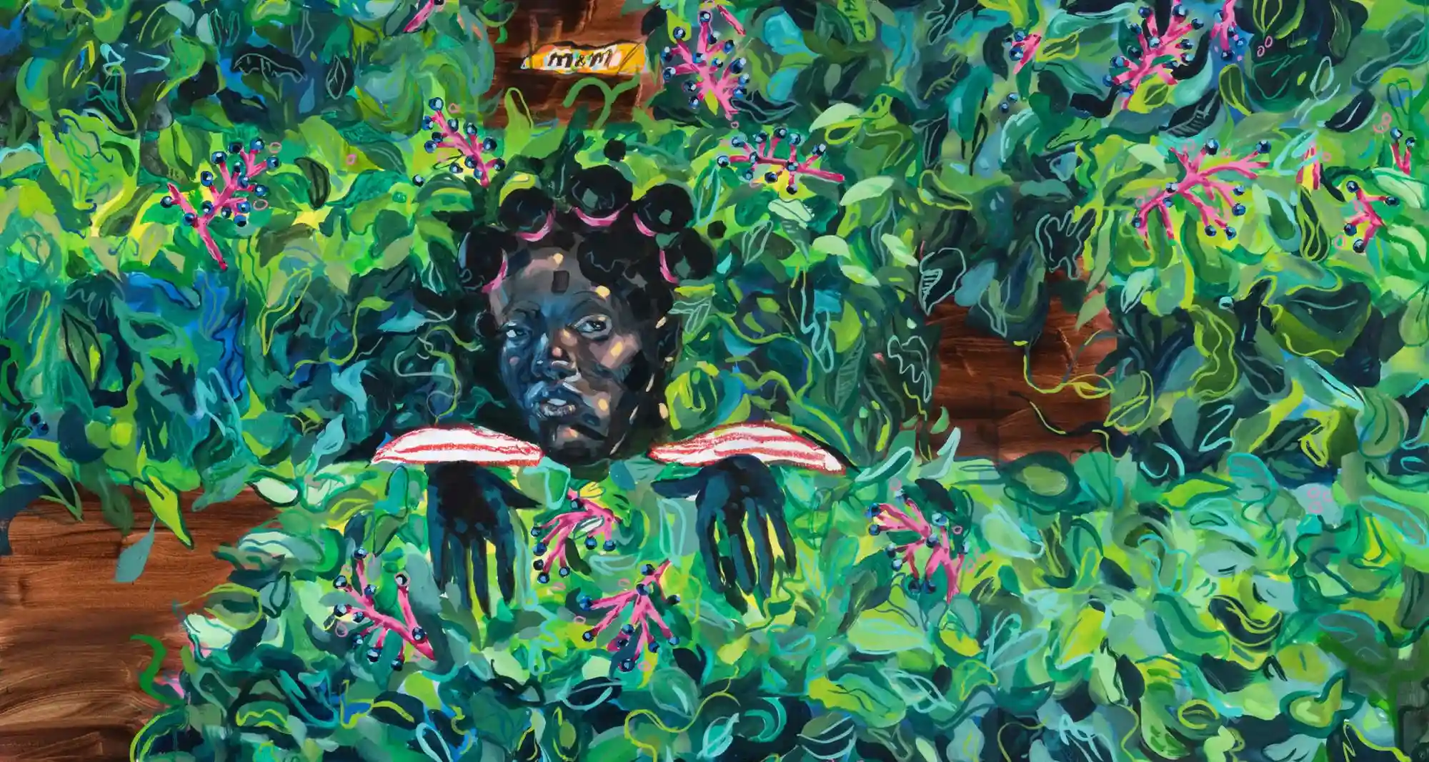 painting of an African woman peeking out from the middle of some bushes