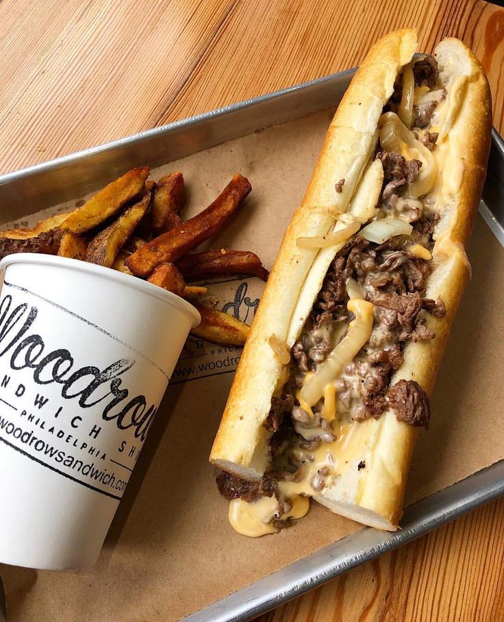 Cheesesteak from Woodrow’s Sandwich Shop served with fries.