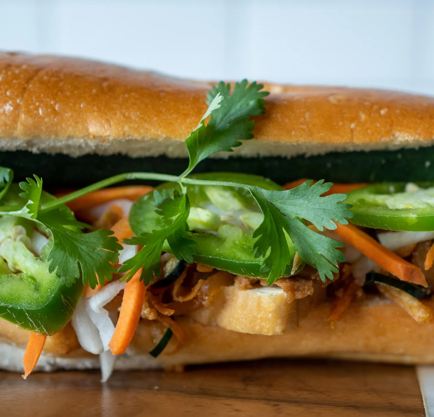 Vegetarian banh mi from Ba Le Bakery tofu, herbs, and vegetables.