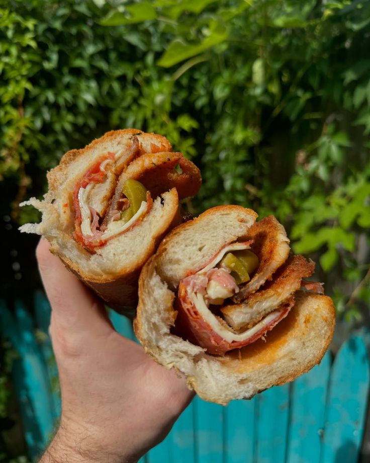 Hand holding a sliced hoagie from Farina Di Vita with greenery in the background.